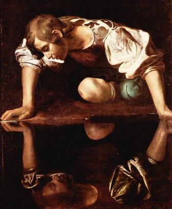 Narcissus by Caravaggio. Narcissus gazing at his own reflection.